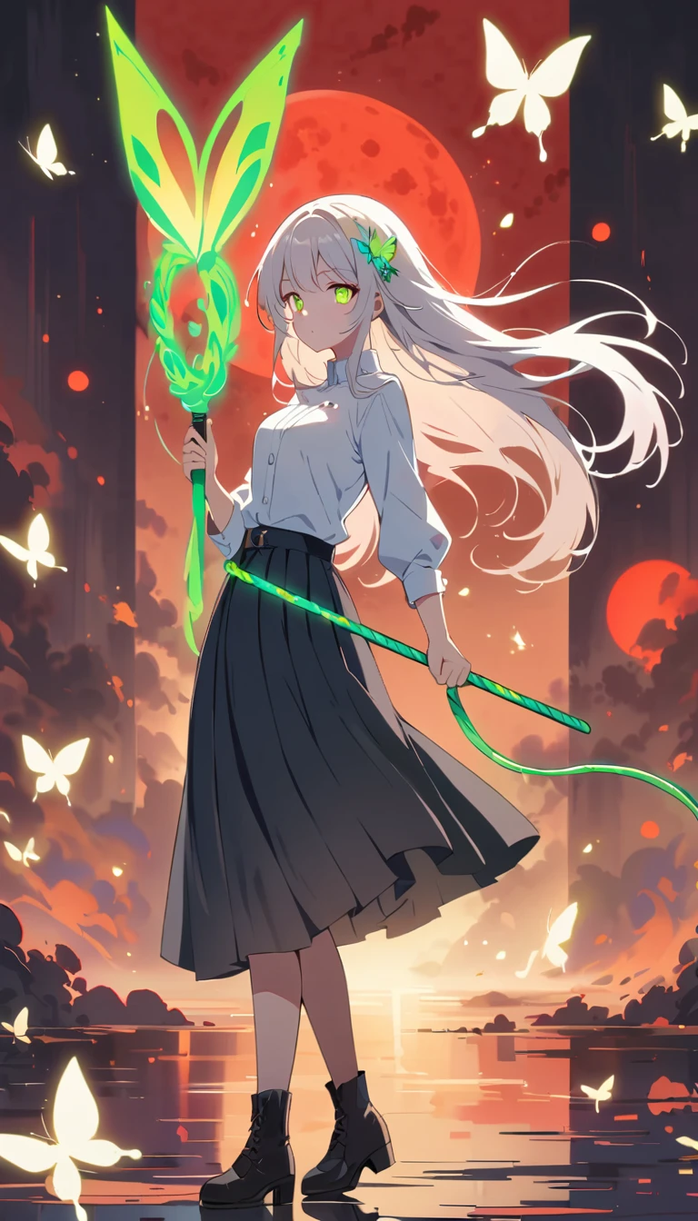 Blurred outline of existence, bright white eyes, ,Blurred outline of existence, Fully white glowing eyes,，White flowers on eyes，Fire  butterflys，Anime style，1 girl，Silver long hair，(((White spots on eyes：1.37)))，Black pleated skirt，Samurai sword in hand，Elegant Posture、Red Moon、dark purple tones，Elegant and atmospheric。，(((Fluorescent green whip：1.37)))