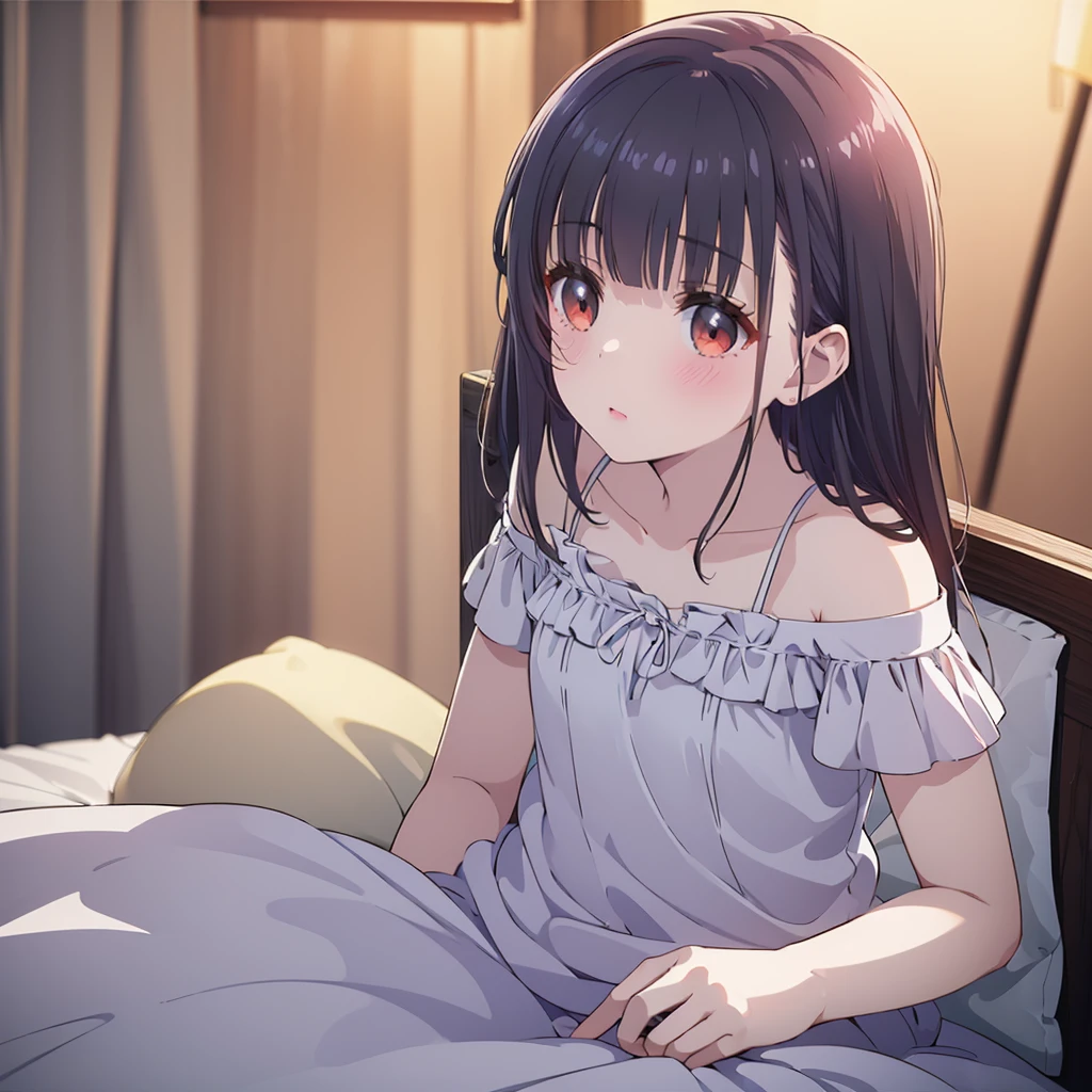 ((masterpiece)), ((Best Quality)), (Ultra-detailed), Anime style, Cute , 1girl in, Solo, 8k, sitting on the bed, young girl , flat chest, bare shoulders , shy girl 