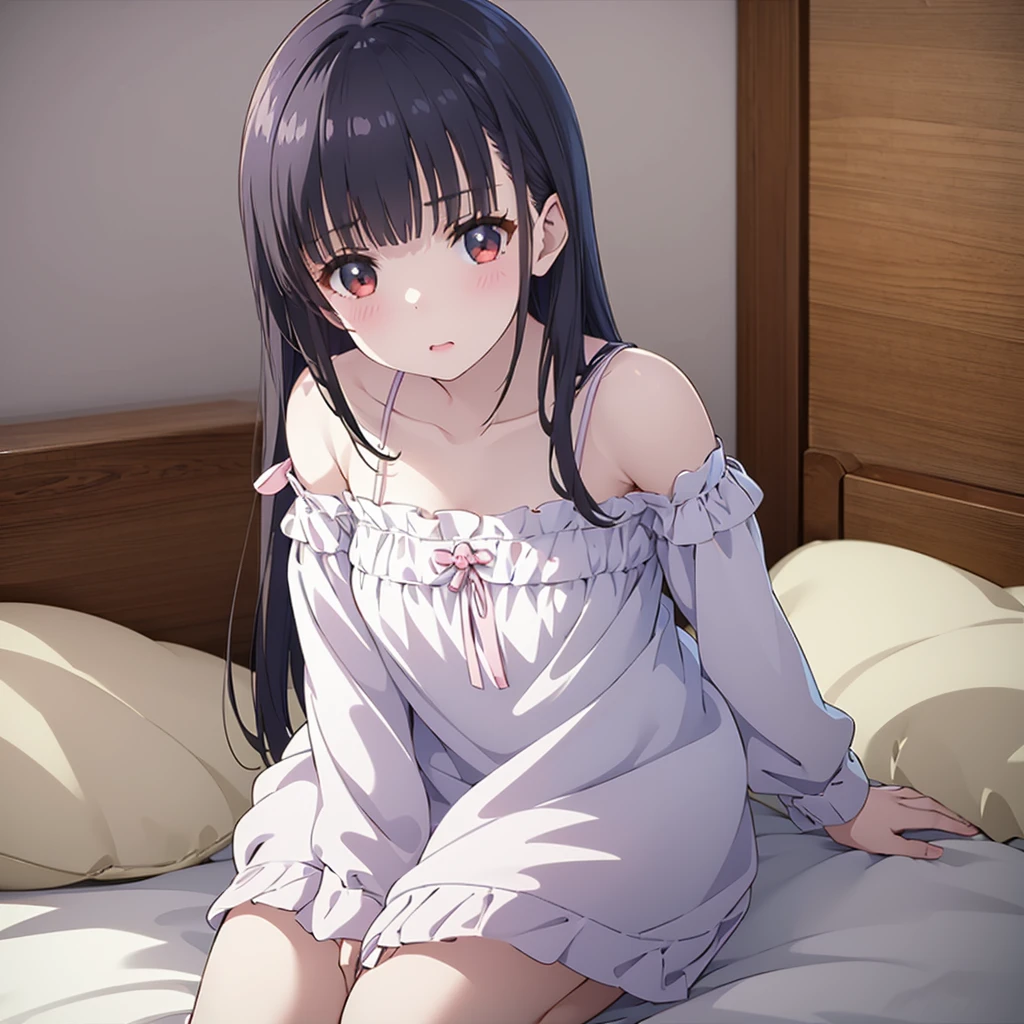 ((masterpiece)), ((Best Quality)), (Ultra-detailed), Anime style, Cute , 1girl in, Solo, 8k, sitting on the bed, young girl , flat chest, bare shoulders , shy girl 