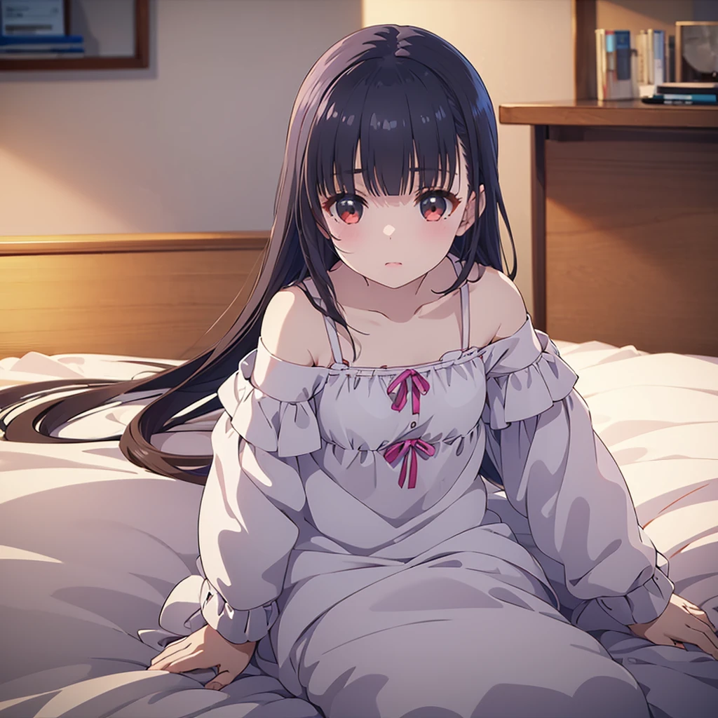 ((masterpiece)), ((Best Quality)), (Ultra-detailed), Anime style, Cute , 1girl in, Solo, 8k, sitting on the bed, young girl , flat chest, bare shoulders , shy girl 