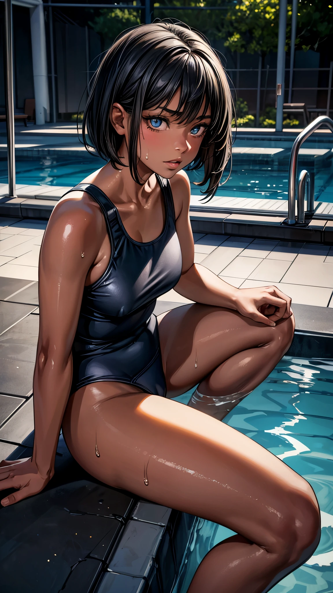 (From above2.0,from side),beautiful detailed eyes, beautiful detailed lips, extremely detailed eyes and face, longeyelashes, 1 girl, face close up, poolside,, sweat, dark skin color, (very short black hair),displeased, sulky, school swimsuit,dark blue color, school, sitting on the ground,spread legs,best quality, 4k, 8k, highres, masterpiece:1.2, ultra-detailed, realistic, photorealistic, photo-realistic:1.37, HDR, UHD, studio lighting, ultra-fine painting, sharp focus, physically-based rendering, extreme detail description, professional, vivid colors, bokeh, portraits