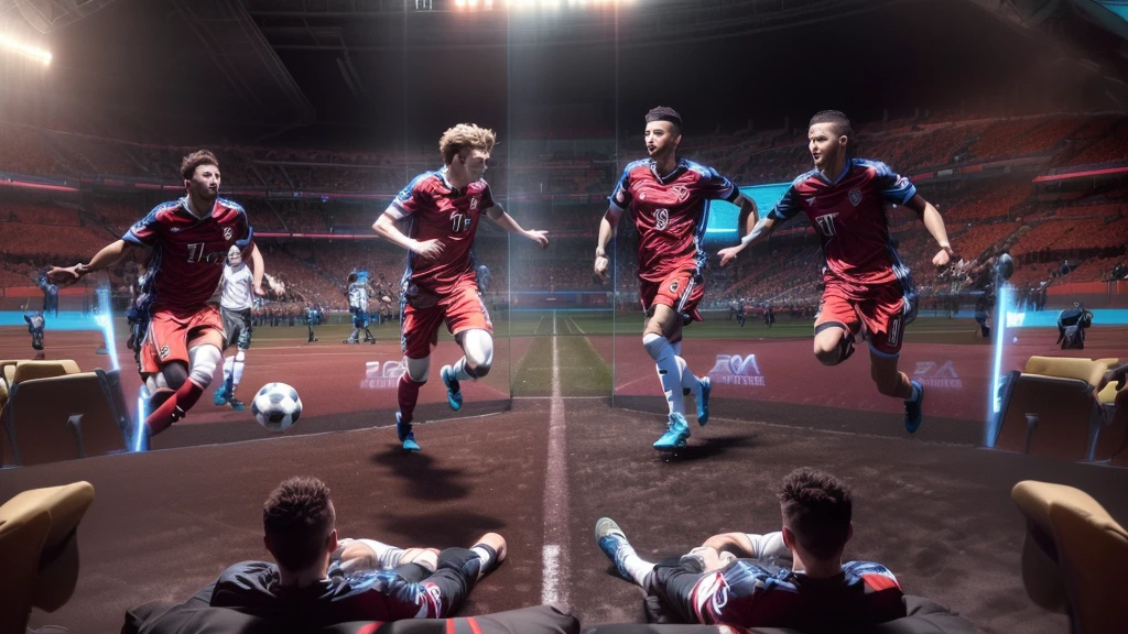 there are many people playing soccer in a stadium with a large screen, cover shot, best on adobe stock, in style of kyrill kotashev, super high resolution, by Christen Dalsgaard, sweden, title, youtube thumbnail, true realistic image, the image is refined with uhd, intense atmosphere, split screen, hyperrealistic 8k uhd