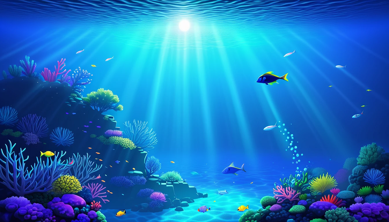 An illustration of a night ocean scene, with transparent waters that reveal the seabed. Coral in a spectrum of colors and small fish swimming are clearly visible. The moonlight illuminates the water, highlighting the coral and creating a serene, magical ambiance. Created Using: Krita, digital art, soft lighting, high-definition quality, fluid brush strokes, peaceful mood, intricate coral details, luminous reflections