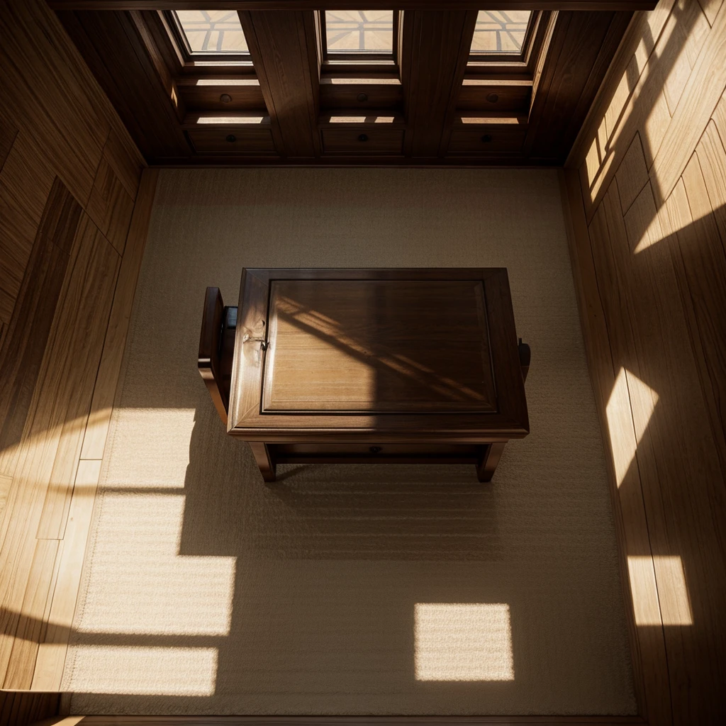 a interior house seen from above, intricate interior design, ornate furniture, realistic textures, warm lighting, photorealistic, 8k, masterpiece, soft focus, cinematic, oriental aesthetic, muted color palette, ambient occlusion, depth of field, natural sunlight, dust particles