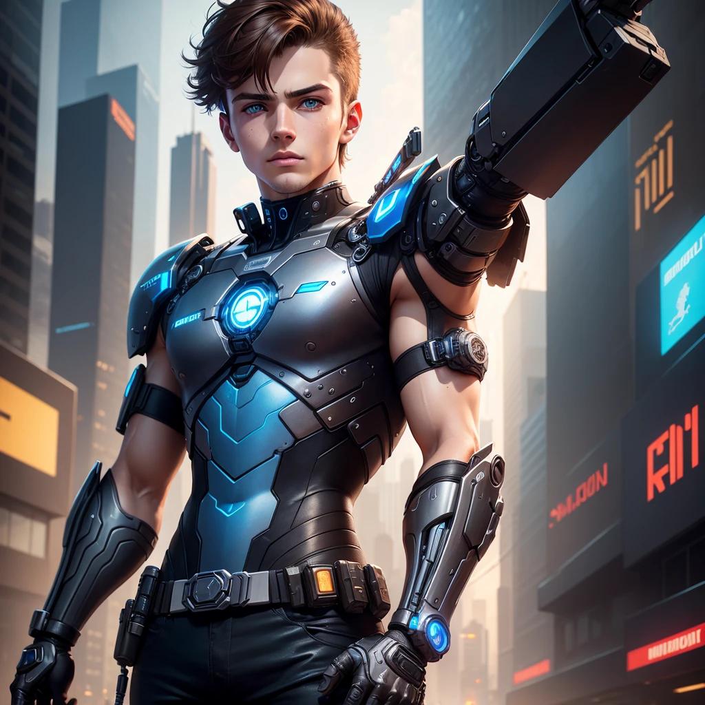 bionic arm, Cyberpunk, Brown hair, blue eyes, futuristic city, Very detailed, high resolution, Best Quality, 18 year old man