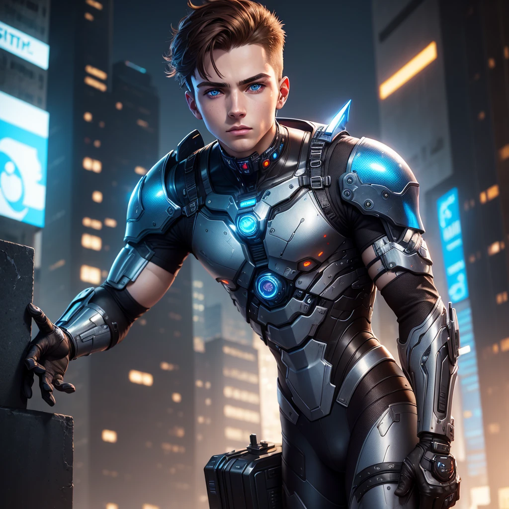 bionic arm, Cyberpunk, Brown hair, blue eyes, futuristic city, Very detailed, high resolution, Best Quality, 18 year old man