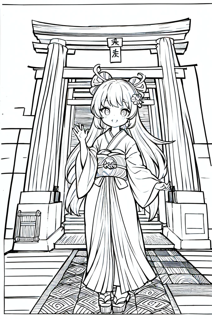 As a coloring book, the color should be black and white, the border should be simple, clear, and bold. A cheerful Asian girl with bright eyes and a mischievous smile is playfully posing in front of the iconic [Fushimi Inari-taisha Shrine] in Kyoto, Japan. She is dressed in a vibrant [kimono with fox pattern], the bold orange and white colors complementing the vermilion torii gates that line the path. The girl's hands are clasped in a playful gesture, and her hair is adorned with a traditional [kanzashi hair ornament].
