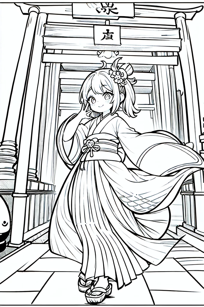 As a coloring book, the color should be black and white, the border should be simple, clear, and bold. A cheerful Asian girl with bright eyes and a mischievous smile is playfully posing in front of the iconic [Fushimi Inari-taisha Shrine] in Kyoto, Japan. She is dressed in a vibrant [kimono with fox pattern], the bold orange and white colors complementing the vermilion torii gates that line the path. The girl's hands are clasped in a playful gesture, and her hair is adorned with a traditional [kanzashi hair ornament].