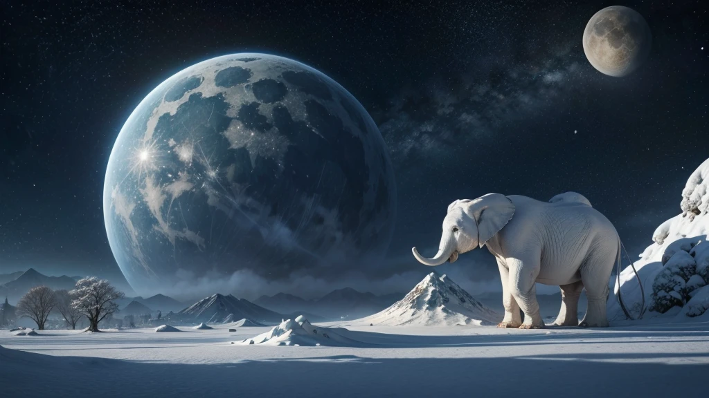 An uninhabited planet where there are two giant moons, big trees with blue leaves, big snow mountains, and animals similar to white elephants and with soft, dense fur