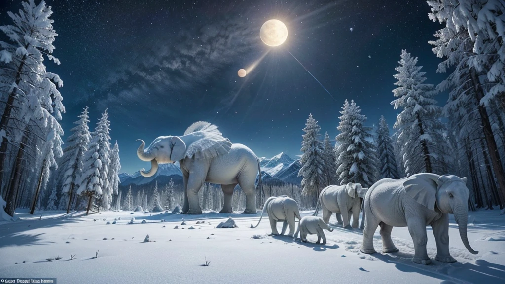 An uninhabited planet where there are two giant moons, big trees with blue leaves, big snow mountains, and animals similar to white elephants and with soft, dense fur