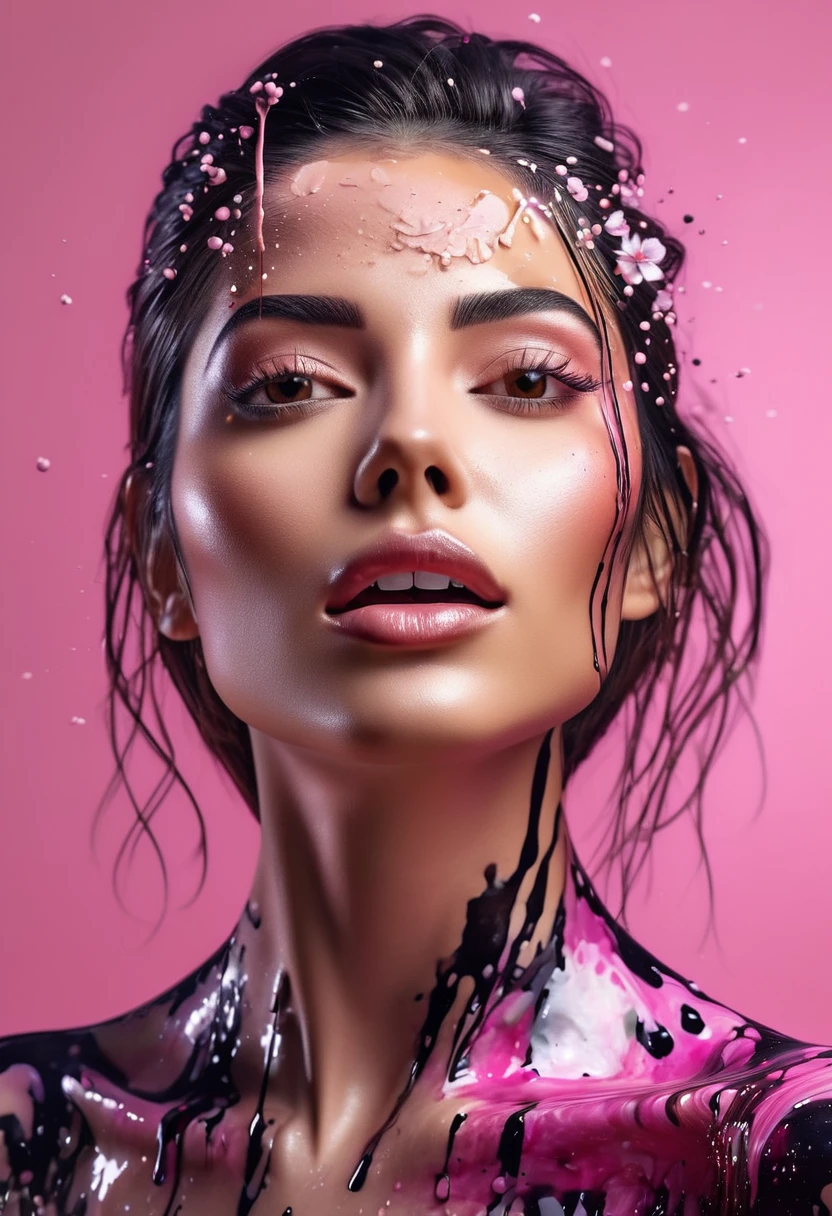 Photorealistic image of a woman mid shot, abstract background, black and pink gradient,  made of flowers, paint spilling , ultra clear