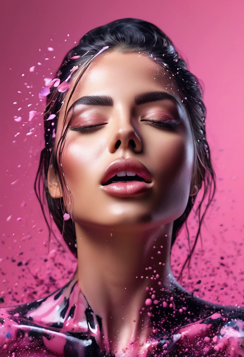 Photorealistic image of a woman mid shot, abstract background, black and pink gradient,  made of flowers, paint spilling , ultra clear