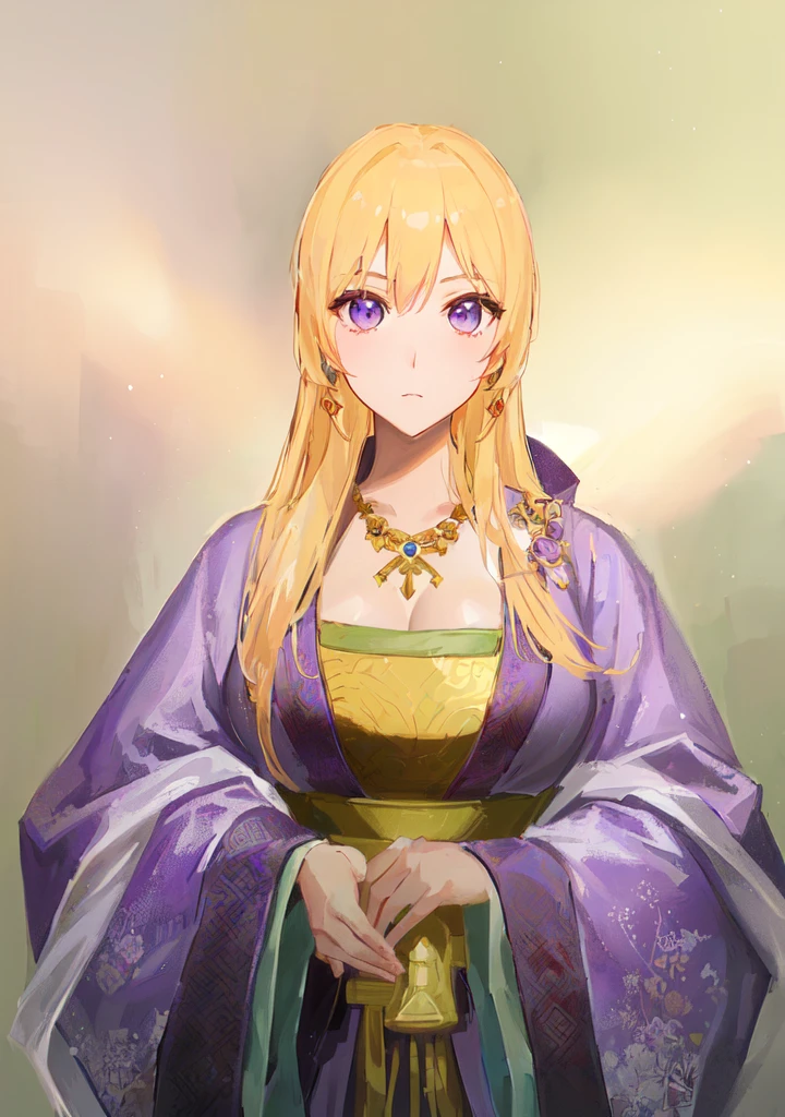 Wearing a purple robe、Cartoon image of a woman holding a bowl, ((Beautiful fantasy queen)), Produced in collaboration with Anime Painter Studio, Anime Goddess, Artoria Pendragon, Portrait of the Knights of the Zodiac, elfic priestess, ((Wearing noble robes)), Anime style like fate/overnight, Beautiful fantasy queen, In the anime painter studio，Three Kingdoms，Three Kingdoms志，Chinese style，antiquity，Hanfu，，Huge Breasts，Good shape，Royal sister，Purple Eyes