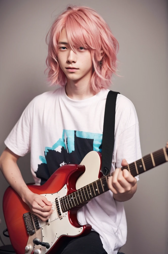 A young 18 year old man, playing guitar, pink hair