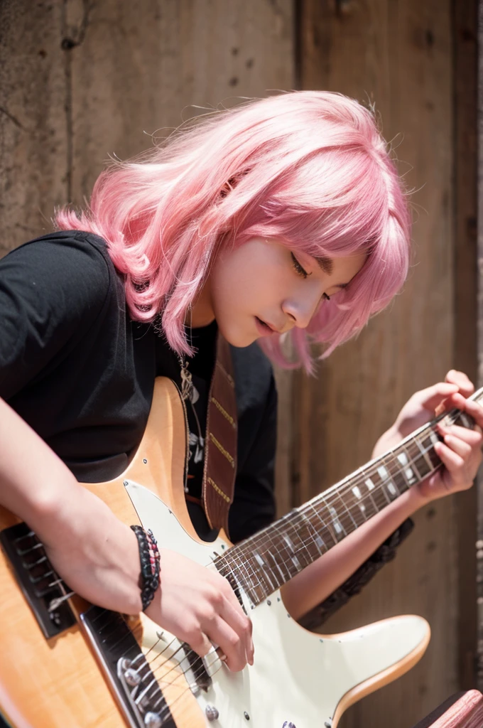 A young 18 year old man, playing guitar, pink hair