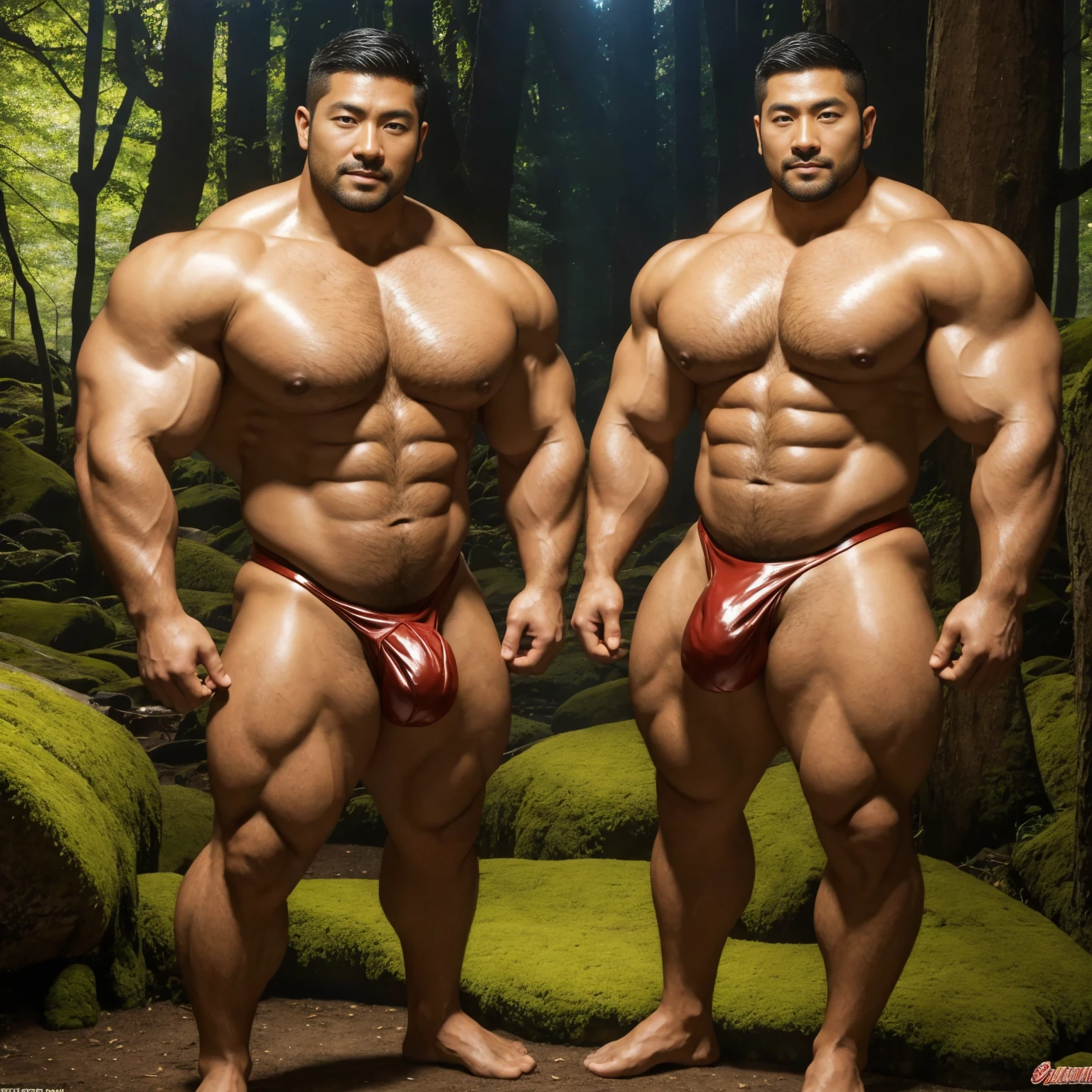 There is only one handsome Asian actor in the photo,35 years old,High target, Fitness,short hair, O-Shaped Beard,Perfect body, Dark skin color,Radiant Skin,Smooth skin,Shiny, shiny skin,Smooth pectoral muscles,No chest hair,No body hair,Muscle bulge, muscular, Very large pectoral muscles,Very sexy abdominal muscles,Very well-developed leg muscles,Huge concave and convex area,Brightens oily skin,Wearing a shiny gold leather thong,Handsome face,Normal human toes,Correct and accurate male body proportions,,Enchanting dream scene of standing in a fantasy forest, Glowing mushrooms and hidden fairy canyons, Create a mysterious and charming feeling