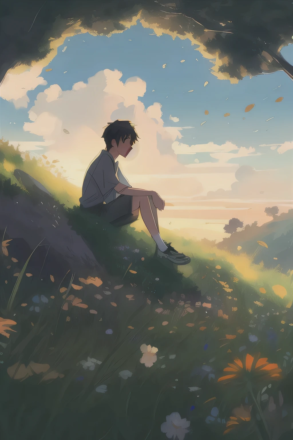 Animated boy sitting on a hill with flowers and trees, Makoto Shinkai cyril rolando, style of Makoto Shinkai, in style of Makoto Shinkai, studio glibly Makoto Shinkai, ( ( Makoto Shinkai ) ), Mokoto Shinkai, Makoto Shinkai art style, Makoto Shinkai!, 4k cartoon wallpaper
