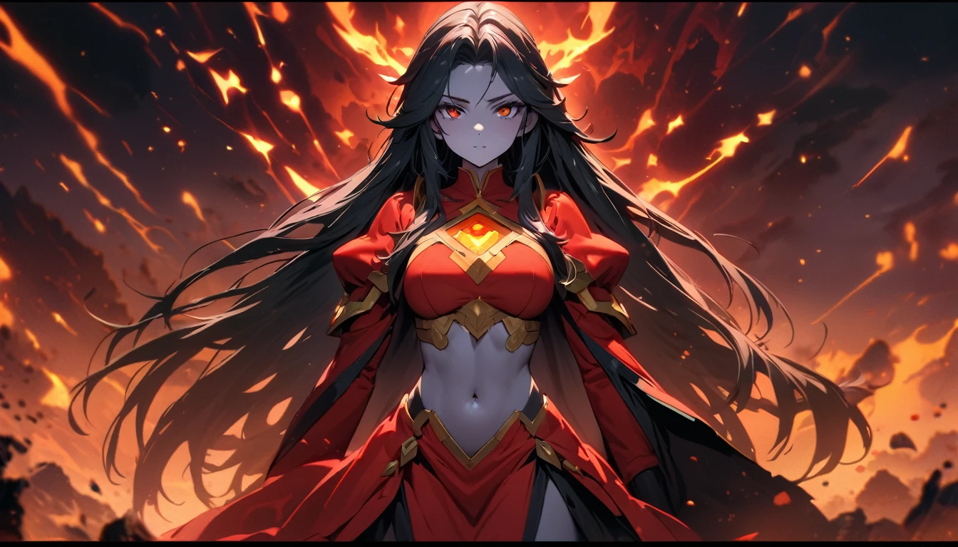 masterpiece, Best quality, 1 girl,Lina from dota 2, Female, only, aboutдин раз, navel, pyromancer dress, magic dress, Looking at the viewer, long hair, Layer, old, kana,  cable, old medianos, belt, if, Red eyes, gray skin, orange eyes, upper body, Weapon, Bright eyes, piece of lipstick, Best quality)), art by Greg Rutkowski, trends on ArtStation,(dark forest background large leaves colors:1.4) ,(Ideal Anatomy),(beautiful blue eyes),(Red Lava Volcano Fire Texture Suit:1.4), (Lava Fire Red Suit:1.4)、Ideal Anatomy、、permission 8k、complex parts、Toned waist、Wide buttocks、Эффект Тиндаллаmasuter piece、top quality、Highest standards、Highest image quality、table、complex parts、A high resolution、depth of field、natural soft light、professional lighting、about, standing, very long hair, cowboy shot, brilliant, brilliant hair, (night:1.2),Dreamy, [[gentle fingers and hands:0.55]::0.85],(detailed fingers),),(emotional),(breathtaking),(main part:1.2) whole body.), (Anime Style), (Super Detailed), (brutal), (uhd, HDR), (8K), (High Resolution: 1.2), (Complex and Beautiful: 1.2)