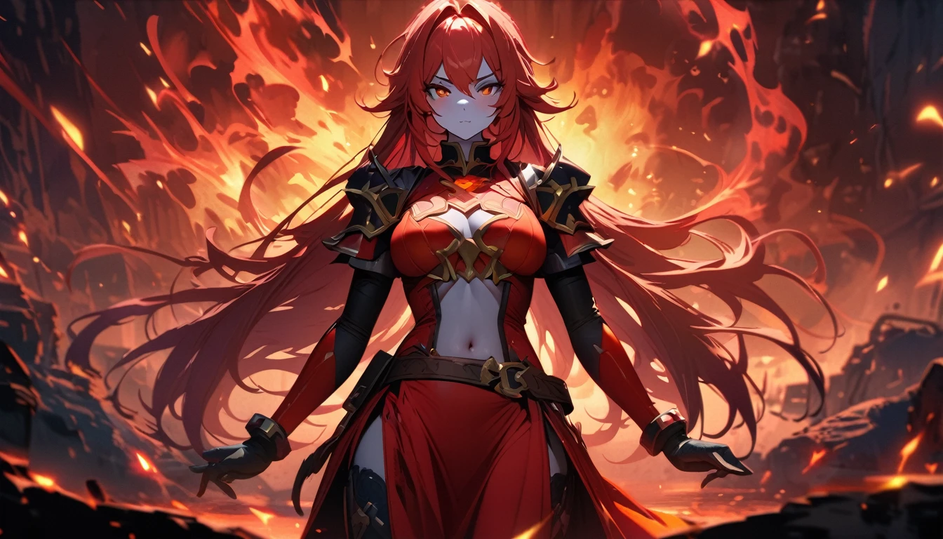 masterpiece, Best quality, 1 girl,Lina from dota 2, Female, only, aboutдин раз, navel, pyromancer dress, magic dress, Looking at the viewer, long hair, Layer, old, kana,  cable, old medianos, belt, if, Red eyes, gray skin, orange eyes, upper body, Weapon, Bright eyes, piece of lipstick, Best quality)), art by Greg Rutkowski, trends on ArtStation,(dark forest background large leaves colors:1.4) ,(Ideal Anatomy),(beautiful blue eyes),(Red Lava Volcano Fire Texture Suit:1.4), (Lava Fire Red Suit:1.4)、Ideal Anatomy、、permission 8k、complex parts、Toned waist、Wide buttocks、Эффект Тиндаллаmasuter piece、top quality、Highest standards、Highest image quality、table、complex parts、A high resolution、depth of field、natural soft light、professional lighting、about, standing, very long hair, cowboy shot, brilliant, brilliant hair, (night:1.2),Dreamy, [[gentle fingers and hands:0.55]::0.85],(detailed fingers),),(emotional),(breathtaking),(main part:1.2) whole body.), (Anime Style), (Super Detailed), (brutal), (uhd, HDR), (8K), (High Resolution: 1.2), (Complex and Beautiful: 1.2)