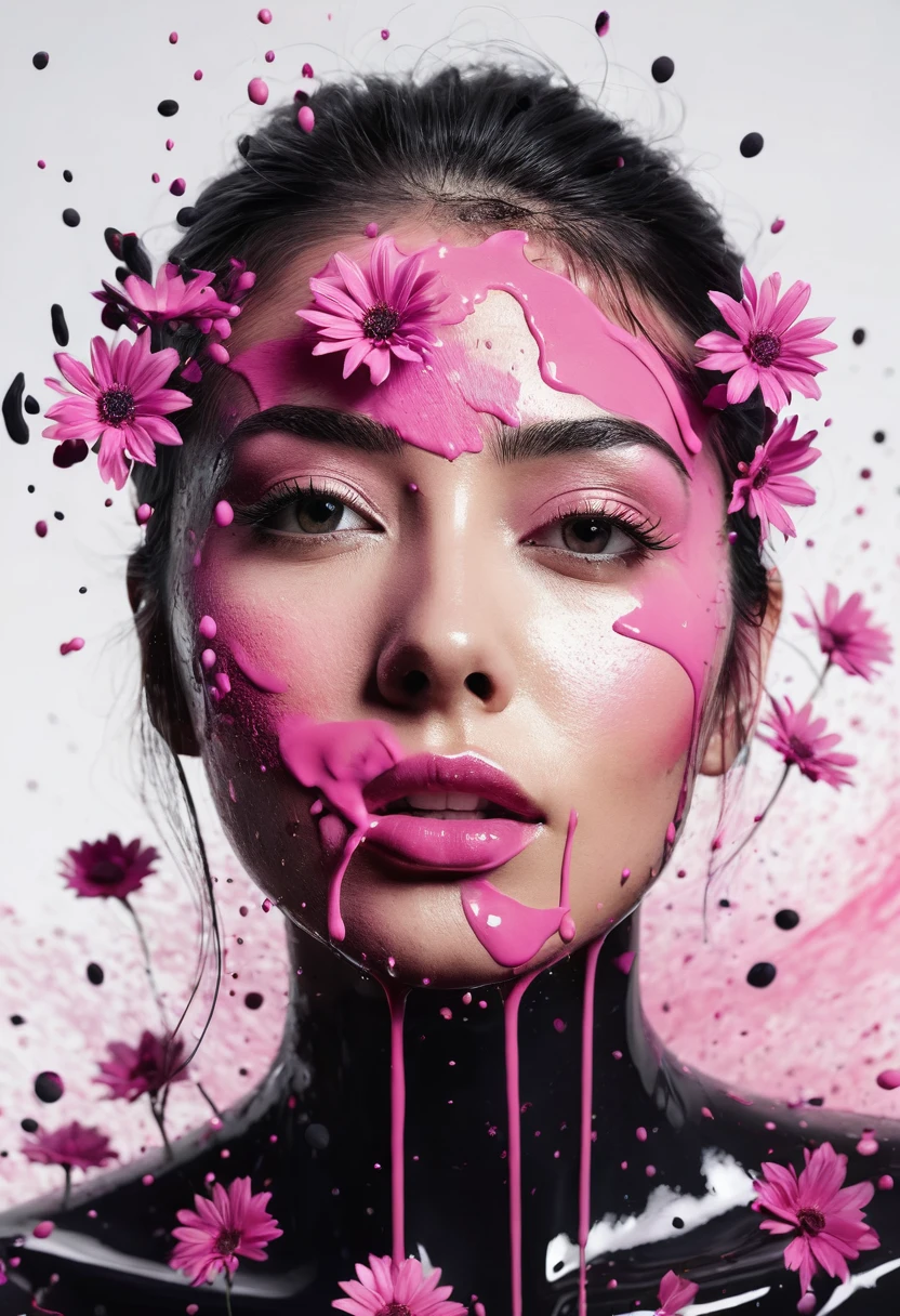 Photorealistic image of a woman mid shot, abstract background, black and pink gradient,  made of flowers, paint spilling , ultra clear