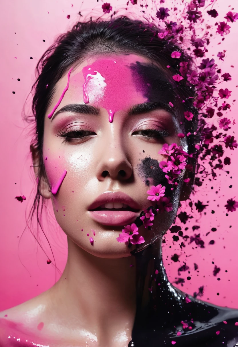 Photorealistic image of a woman mid shot, abstract background, black and pink gradient,  made of flowers, paint spilling , ultra clear