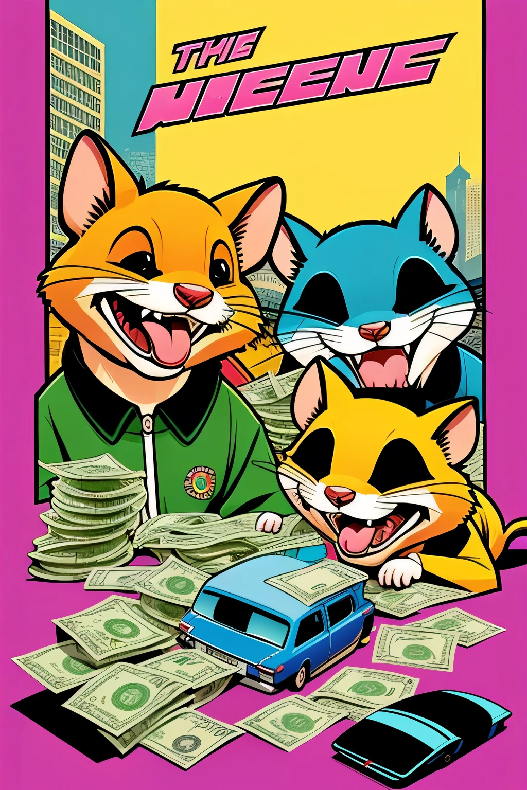 In this gripping comic cover art inspired by GTA Vice City, a trio of mischievous Laughing Mice are depicted in a humorous yet tense scene. The mice, armed with a weapon, have their tails twitching with excitement as they clutch a bag filled with stacks of money. The illustration boasts a vivid color palette, capturing the nostalgic essence of the game's unique aesthetic. With ultimate attention to detail in their expressive eyes and sharp teeth, the mice's exaggerated laughter emphasizes their devious delight in their ill-gotten fortune. The comic cover art is imbued with a distinctive GTA Vice City vibe, perfectly complementing