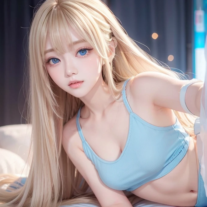 Golden shiny hair、Super long straight silky hair、Dazzling blonde super long silky hair、20 years old cute little beautiful face、A beautiful girl、Sparkling blonde dancing in front of a pretty face、Long, silky bangs that cover the space between the eyes、Very beautiful, bright, large, light blue eyes、Very big eyes、Hair that hides the face、Sexy pretty young woman with super long bangs、Very white skin、Cheek gloss highlighter、Small Face Beauty、Round face、Cute Shirts、Ample Bust Pink Small Nipples