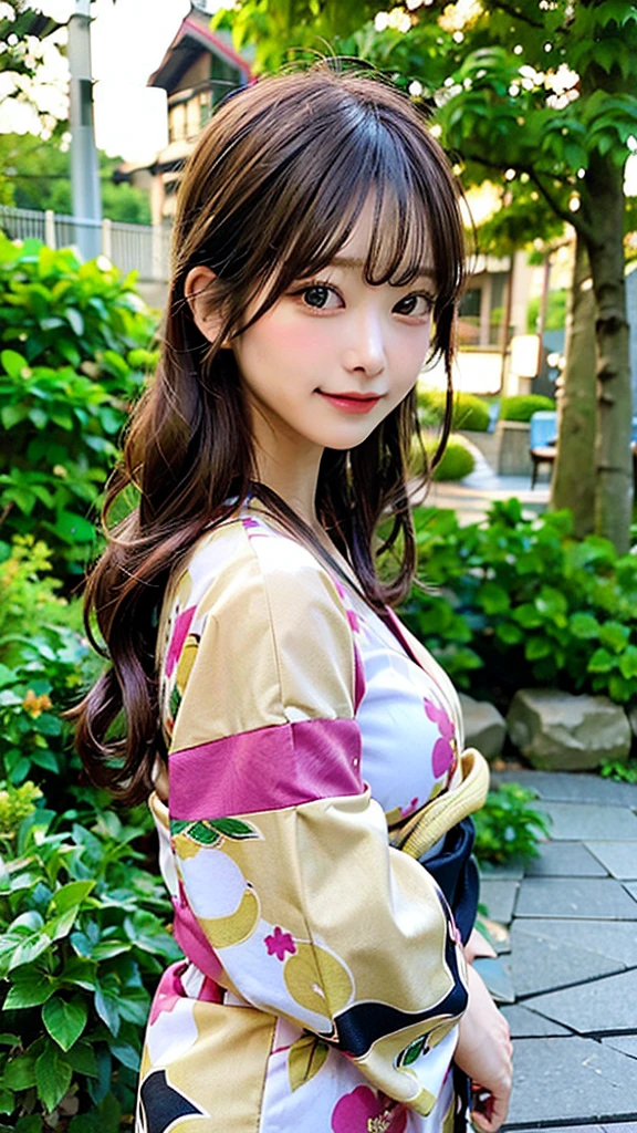 Young woman in yukata、Pink Long Hair、Gorgeous black and gold yukata、Large Breasts、Summer garden in the background。