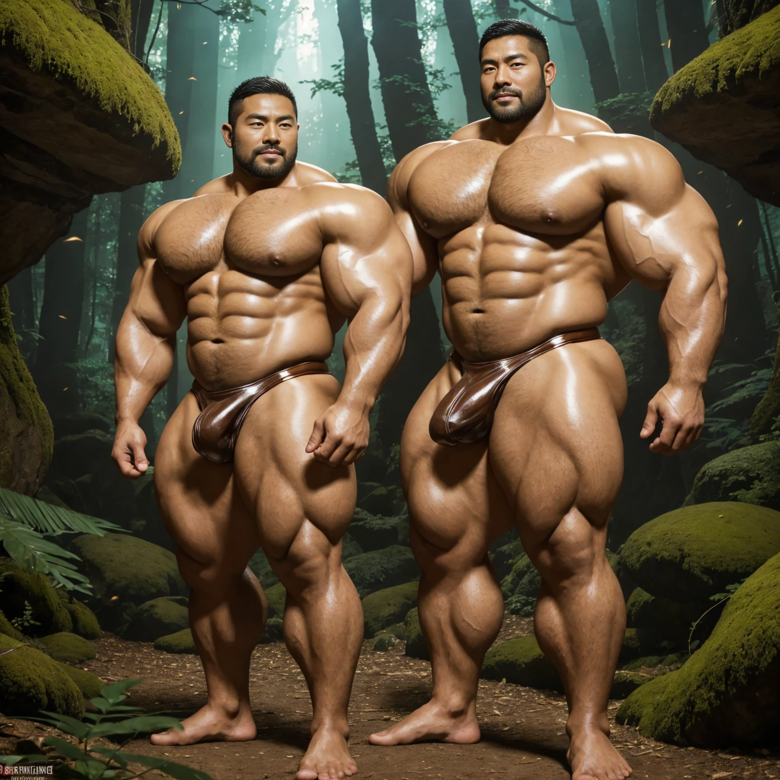 There is only one handsome Asian actor in the photo,35 years old,High target, Fitness,short hair, O-Shaped Beard,Perfect body, Dark skin color,Radiant Skin,Smooth skin,Shiny, shiny skin,Smooth pectoral muscles,No chest hair,No body hair,Muscle bulge, muscular, Very large pectoral muscles,Very sexy abdominal muscles,Very well-developed leg muscles,Huge concave and convex area,Brightens oily skin,Wearing a shiny gold leather thong,Handsome face,Normal human toes,Correct and accurate male body proportions,,Enchanting dream scene of standing in a fantasy forest, Glowing mushrooms and hidden fairy canyons, Create a mysterious and charming feeling