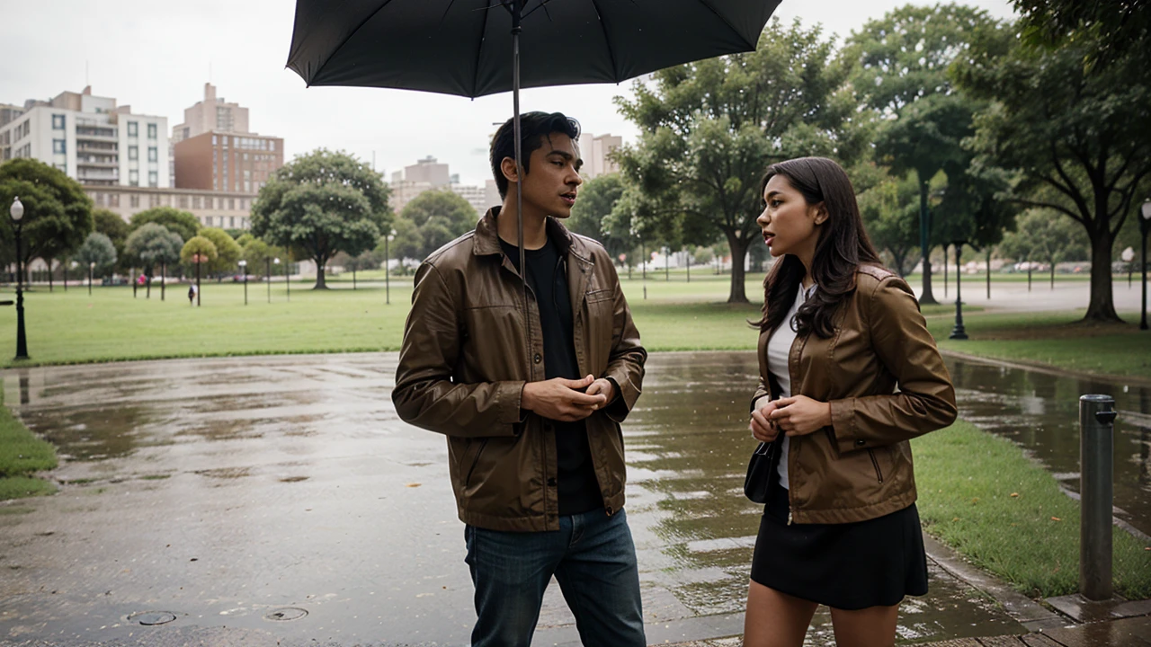 a couple arguing, in front of the park when it rains