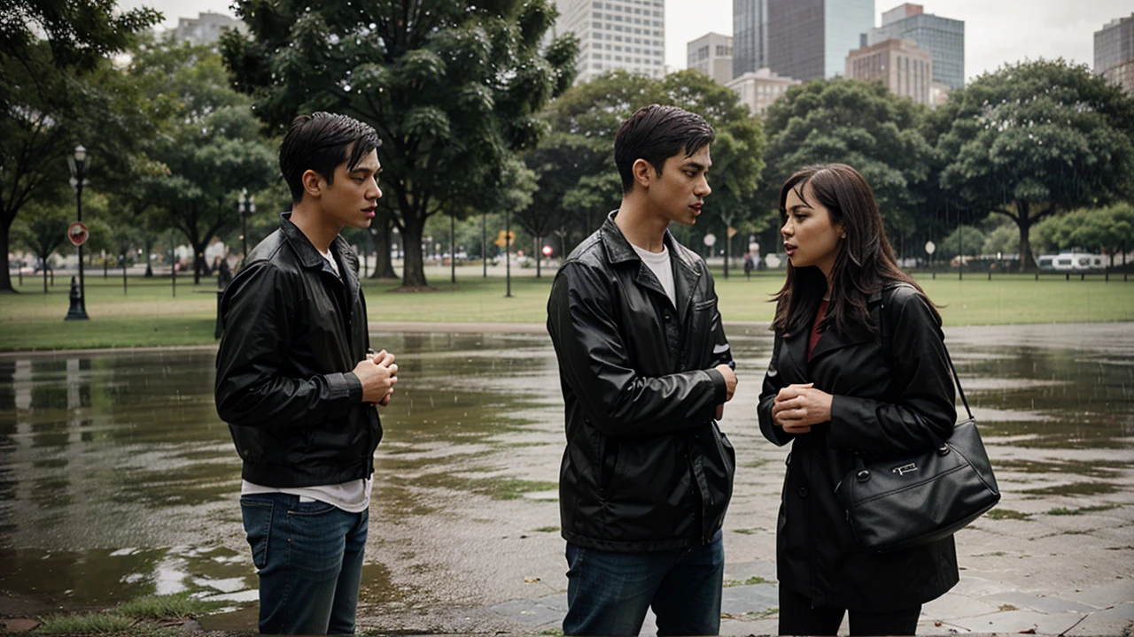 a couple arguing, in front of the park when it rains