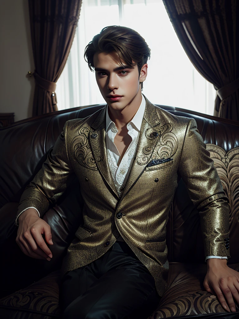 A handsome man with stylish hair and fashionable style costums, sitting on a sofa with elegant, high quakity, intricated detailed, ultra HD res