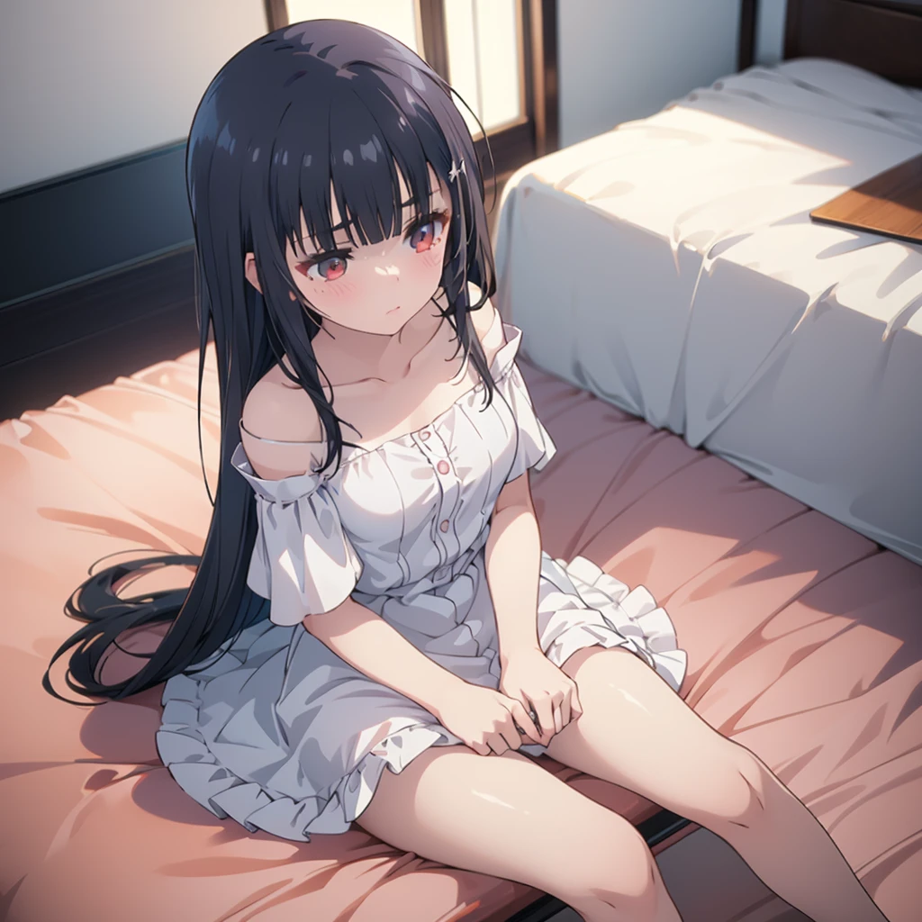 ((masterpiece)), ((Best Quality)), (Ultra-detailed), Anime style, Cute , 1girl in, Solo, 8k, sitting on the bed, young girl , flat chest, bare shoulders , shy girl 