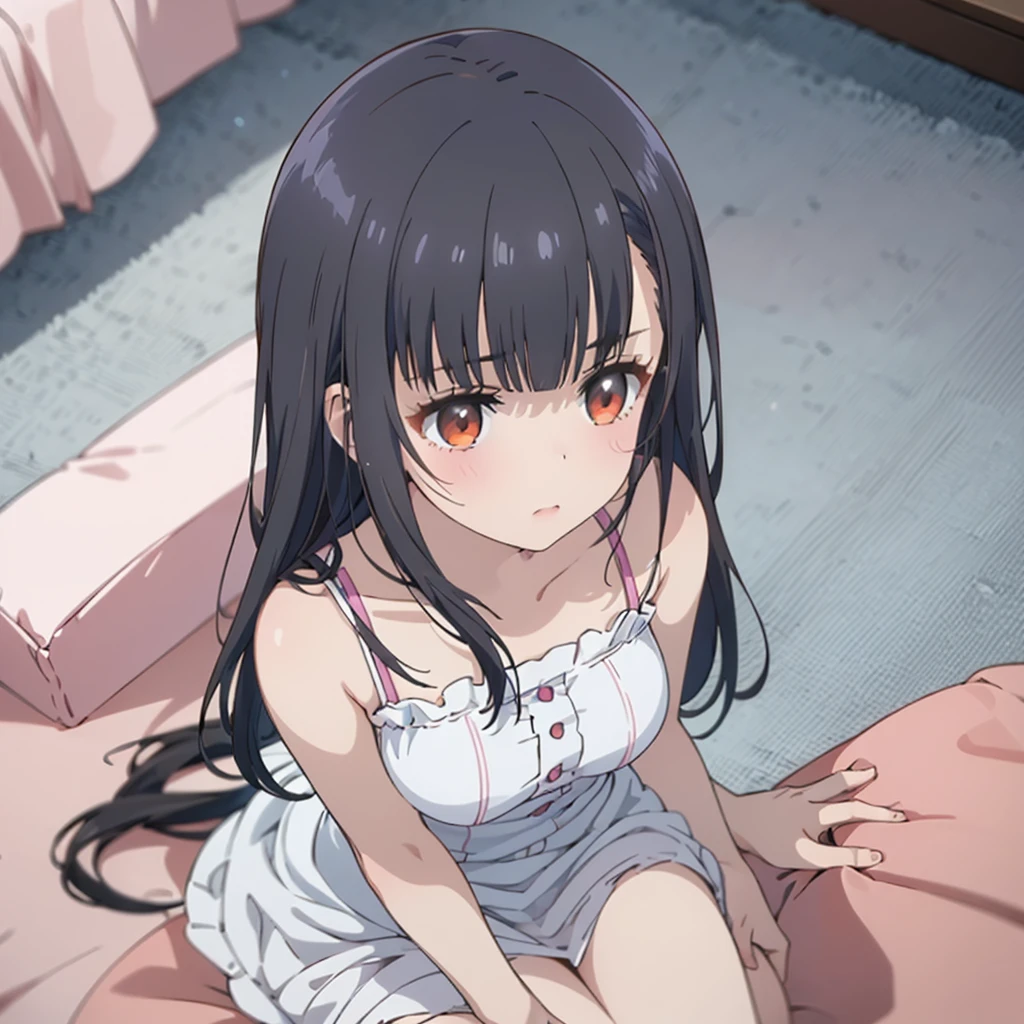 ((masterpiece)), ((Best Quality)), (Ultra-detailed), Anime style, Cute , 1girl in, Solo, 8k, sitting on the bed, young girl , flat chest, bare shoulders , shy girl