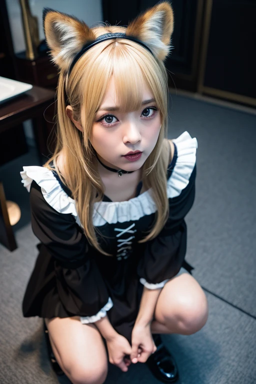 (Highest quality:1.2),32k HDR,High resolution,(20-year-old woman),(Ultra Wide Angle),(View from above:1.2),((Glaring at the camera)),(Japanese women),(Blonde),Flat bangs,Dark Room,Medium chest,Squat with your feet apart,Show off your crotch,両腕をhandcuffsで繋がれている,((handcuffs)),Detailed face,High quality eyes,Keep your eyes focused,Nose and mouth,Face Focus,Super Face close-up gentle and charming Chinese beautiful woman, 繊細でセクシーなLock骨,Small Nose, Focus on the face, Face close-up, 薄Dark Room,ruins,Embarrassed, moist eyes,Sad expression,Looking into the camera,Very beautiful eyes,Flat Chest,Tragic,A fleeting expression,,((Gothic Lolita)),((Constraints)),((Lock)),((Plate at your feet,Dog food dish)),((Staring straight ahead)),((Fox ears on head)),((Fox&#39;s Tail)),((short hair,Shaggy,Bob,long)),(Red Hair,Brown Hair,Black Hair,Silver),(uniform),((Dark eyeliner)),((Slanted Eyes)),((Big eyes)),((Hands)),((Women who are kept)),((Pets)),