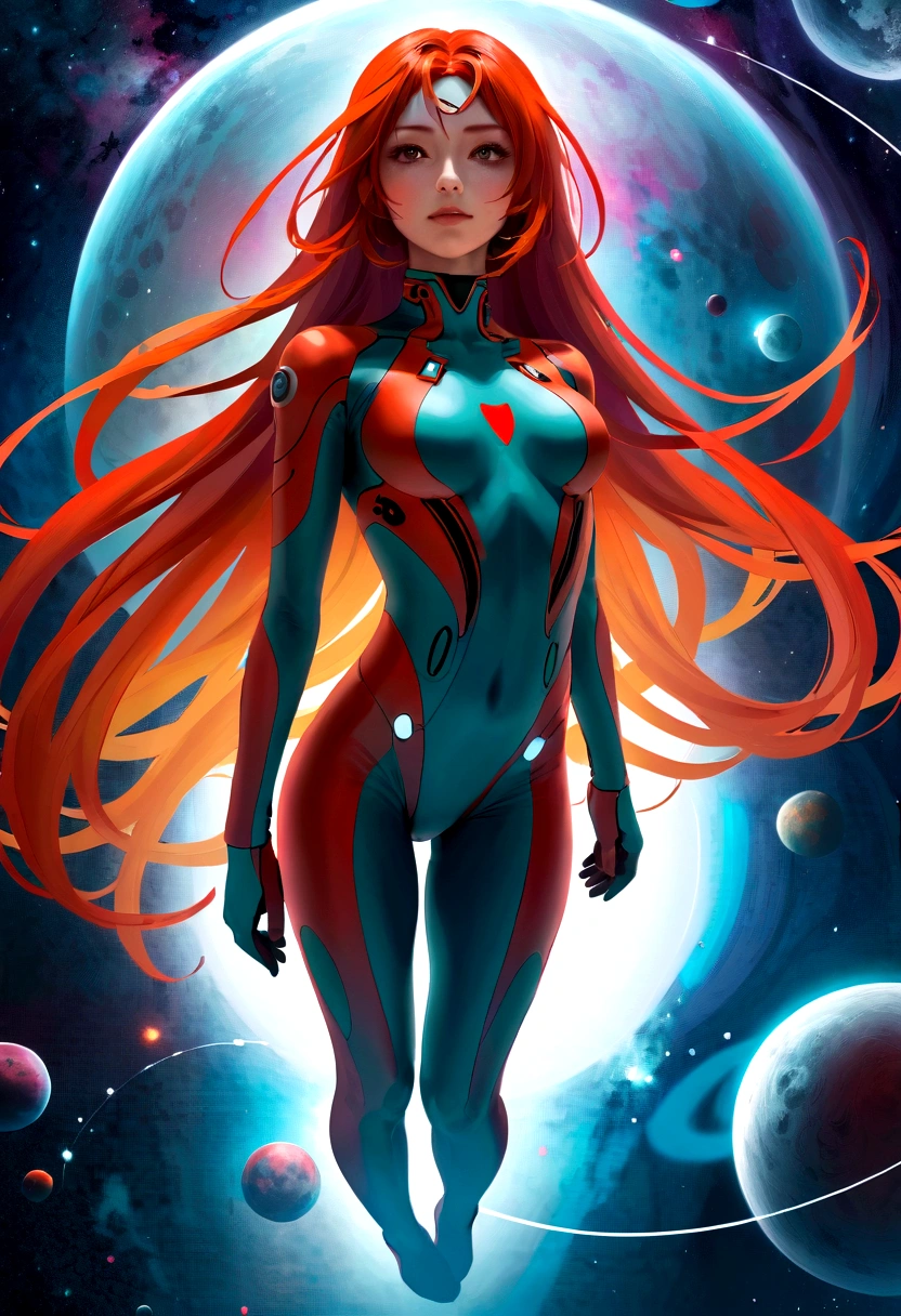 1girl, solo, looking at viewer, full body, standing, long hair, asuka cosplay costume, cosplay, plugsuit, bodysuit, hair ornament, seen from above, space, floating,Dubrec style,Transparent figure back,(Multiple Exposure:1.8)Intricate illustration in surreal art style,surreal dreamscape,
