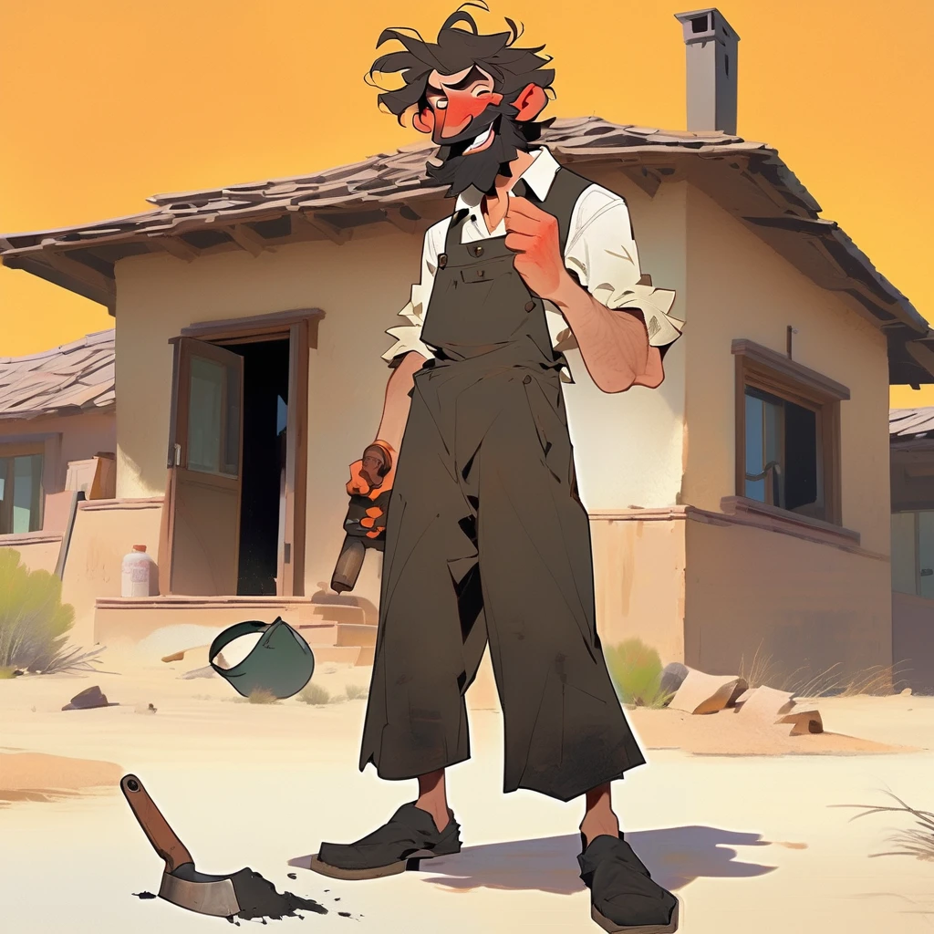 score_9, score_8_up, score_7_up, score_6_up, score_5_up, score_4_up, 1man, Western, black wavy Messy hair, burnt hair, Leather apron, White button-down shirt, black pants patched, Failed beard, young adult, Thin, full body, Holding a Dynamite bomb, outside a house in the desert, Dirty with soot, Laughing, explosives, dynamite, Hunchback, Poorly groomed beard, failed beard