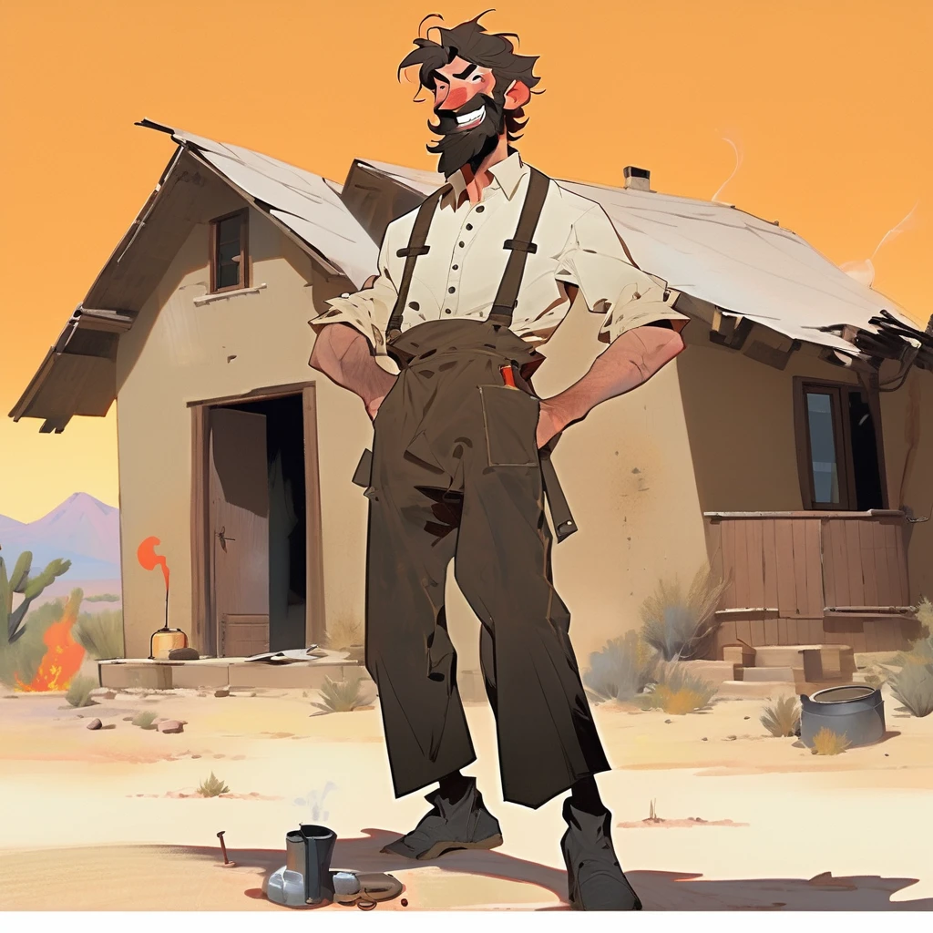 score_9, score_8_up, score_7_up, score_6_up, score_5_up, score_4_up, 1man, Western, black wavy Messy hair, burnt hair, Leather apron, White button-down shirt, black pants patched, Failed beard, young adult, Thin, full body, Holding a Dynamite bomb, outside a house in the desert, Dirty with soot, Laughing, explosives, dynamite, Hunchback, Poorly groomed beard, failed beard