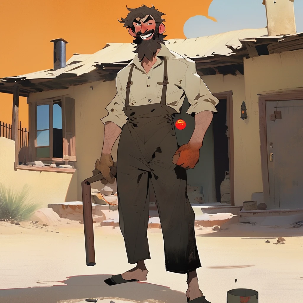 score_9, score_8_up, score_7_up, score_6_up, score_5_up, score_4_up, 1man, Western, black wavy Messy hair, burnt hair, Leather apron, White button-down shirt, black pants patched, Failed beard, young adult, Thin, full body, Holding a Dynamite bomb, outside a house in the desert, Dirty with soot, Laughing, explosives, dynamite, Hunchback, Poorly groomed beard, failed beard