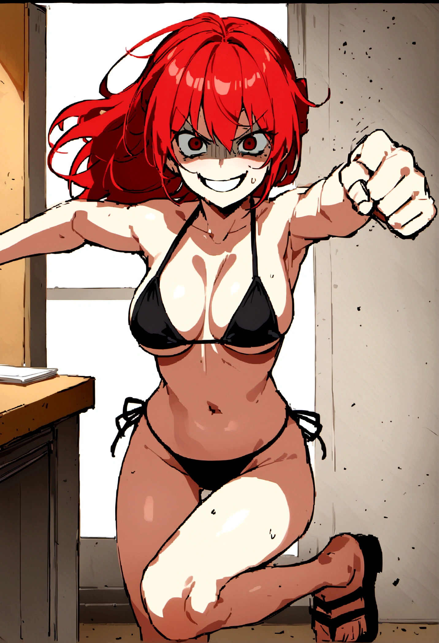 Red hair、Bikini、punch、Scary smile、office、Daytime、punching, Front facing, sexy , perfect body , full height.