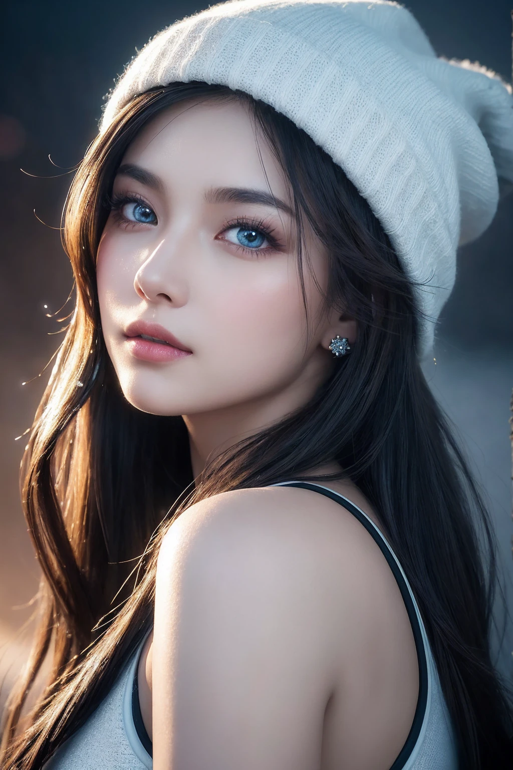 A stunning, high-quality digital painting of a breathtakingly beautiful woman with flawless skin, piercing blue eyes, and mesmerizing black hair. She wears a sensual white snowboarding outfit, complete with a beanie and bracelet, standing on a serene ski slope at dusk. Her long, curly locks flow like the night, while her full lips are painted with frosty hues. Her gaze is hypnotic, drawing the viewer in with an air of mystique.

In the background, a misty haze envelops the Chinese palace, with a hint of the cityscape's neon lights peeking through the fog. The composition is masterful, with intricate details and textures that seem to leap off the canvas. Her delicate features are framed by lush greenery, with UH-detailed flowers woven into her hair.

The lighting is cinematic, with sidelights casting an ethereal glow on her porcelain skin. Her eyes sparkle like diamonds in the dim light, while the ambient atmosphere exudes a sense of quiet contemplation.

Intricately detailed and rendered in photorealistic 8K quality, this artwork is a true masterpiece.
