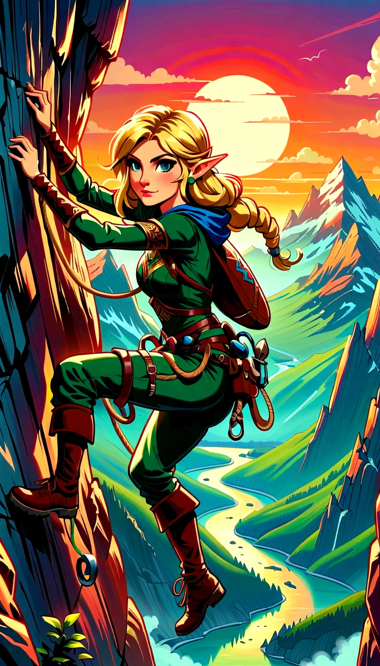 (best quality，8K，Ultra-high resolution，masterpiece)，very good，illustration，Princess Zelda，blonde，Blue Eyes，Green clothes，Rock climbing action，Steep，rope，Mountaineering，Slope Rock，Professional display，sunrise，Beautiful scenery