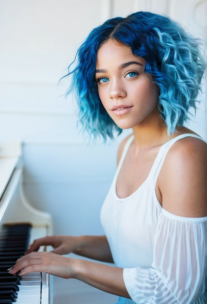 Smiling Beautiful biracial woman, blue hair , blue light eyes , Playing white piano, Gros seins, Boucles d'Oreilles,detailled body