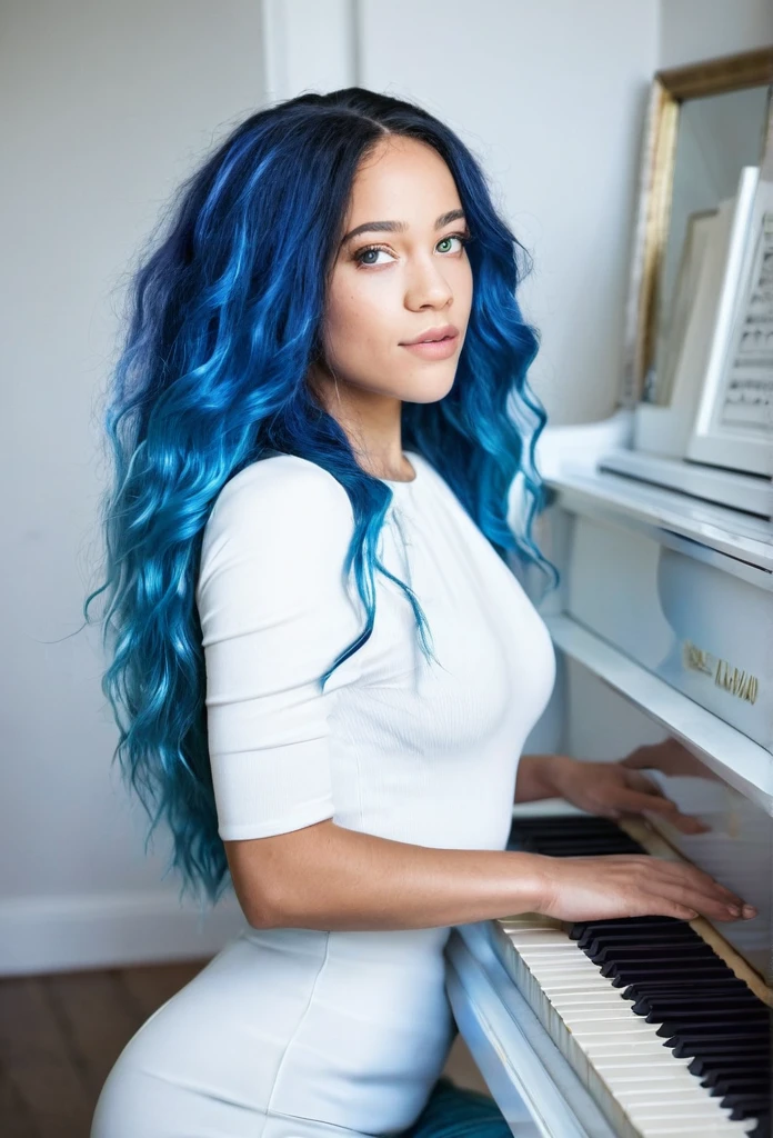Beautiful biracial woman, blue hair , blue light eyes , Play white piano