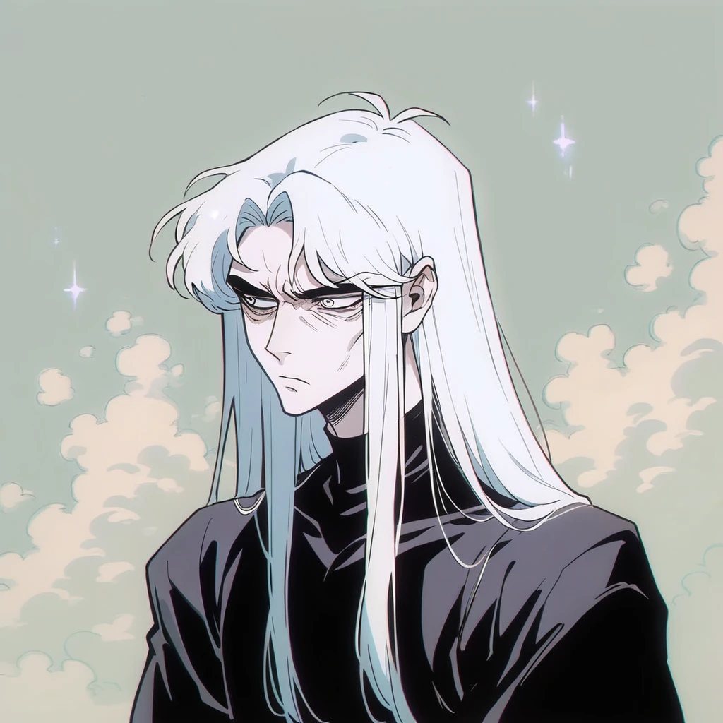 vintage, amazing details, Best quality, Motion Blur, surreal, Dreamy, very detailed, (Natural skin texture, soft light), (((Beautiful, high quality, a lot of details))), ((1 boy,)) Beautiful young boy, portrait, thin young man, Long white hair, pale skin, sad look, Painful face, Gloomy atmosphere, feeling of loneliness, black robe, looking into the camera