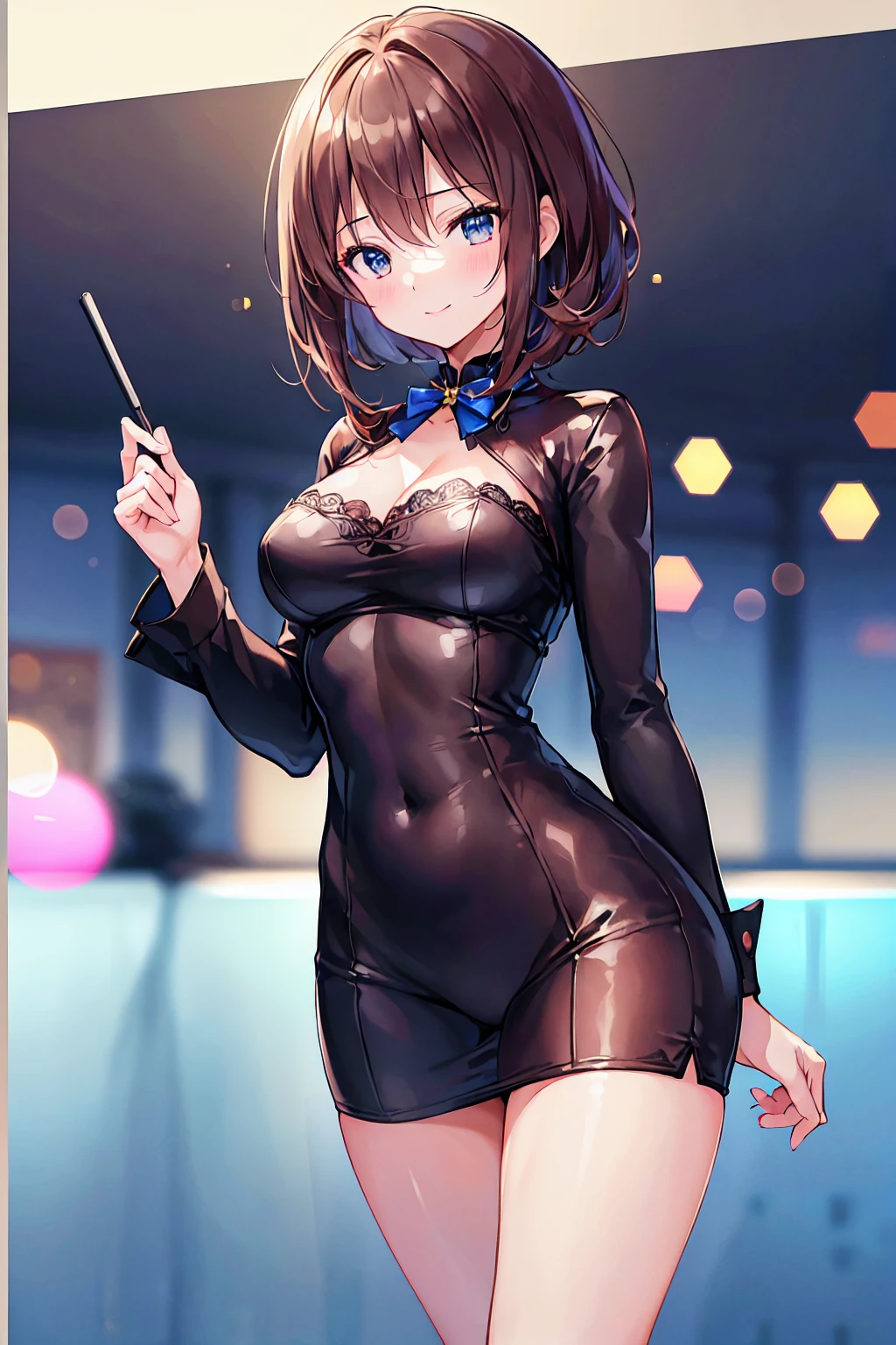 ((masterpiece, Highest)), (One girl), (Mature Woman), Brown Hair, A seduction with exposed breasts, sprawled out, (office lady), bangs, Small breasts, (full), slim, smile, [Wide Hips], office, Are standing, got it  (Blue File), 8K quality, Sexy seduction, (open neck suit)，((Highest品質)), (Very detailed), (High-definition CG synthesis 8K wallpaper), 高いly detailed, 高い-definition raw color photos, Professional photography, (((Bokeh))), Written boundary depth,
