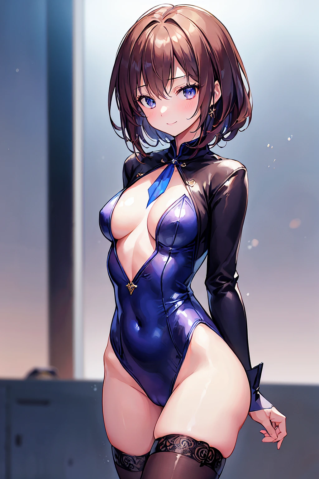 ((masterpiece, Highest)), (One girl), (Mature Woman), Brown Hair, A seduction with exposed breasts, sprawled out, (office lady), bangs, Small breasts, (full), slim, smile, [Wide Hips], office, Are standing, got it  (Blue File), 8K quality, Sexy seduction, (open neck suit)，((Highest品質)), (Very detailed), (High-definition CG synthesis 8K wallpaper), 高いly detailed, 高い-definition raw color photos, Professional photography, (((Bokeh))), Written boundary depth,
