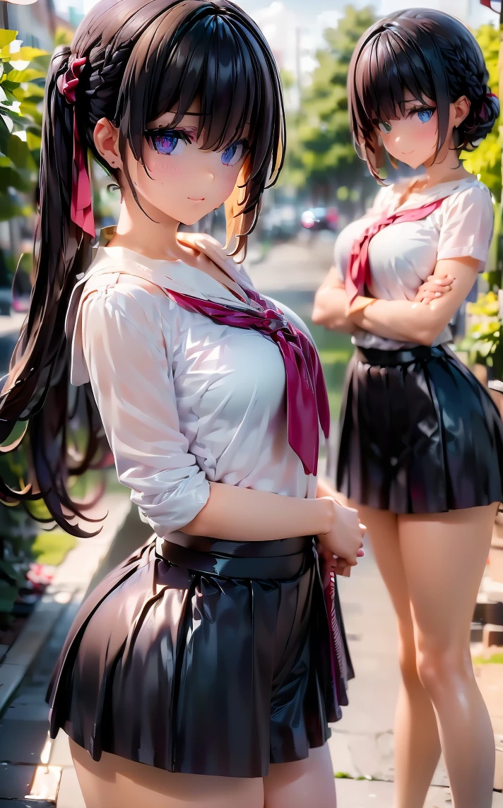 A girl in a garden,feeling the summer sunshine,with black hair,ponytail and wearing a miniskirt,standing with her legs apart,leaning forward,placing both hands on a hydrant. (best quality,4k,8k,highres,masterpiece:1.2),ultra-detailed,(realistic,photorealistic,photo-realistic:1.37),illustration,beautiful detailed eyes,beautiful detailed lips,extremely detailed eyes and face,long eyelashes, cheerful expression, vibrant colors,soft sunlight,Open-chested clothing