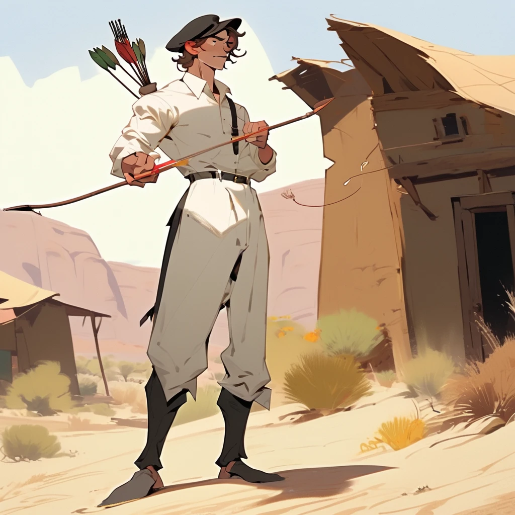 score_9, score_8_up, score_7_up, score_6_up, score_5_up, score_4_up, 1man, Western, Brown wavy hair, strong Body, white dress shirt with, black suspender,black pants patched, Beret, big franch mustache, Arrogant, young adult, Muscular, full body, Holding a bow and arrow, Farm in the desert, Stable 