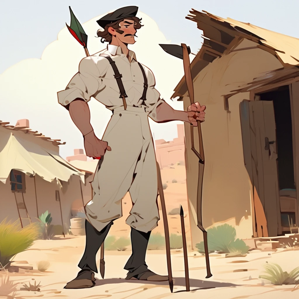 score_9, score_8_up, score_7_up, score_6_up, score_5_up, score_4_up, 1man, Western, Brown wavy hair, strong Body, white dress shirt with, black suspender,black pants patched, Beret, big franch mustache, Arrogant, young adult, Muscular, full body, Holding a bow and arrow, Farm in the desert, Stable
